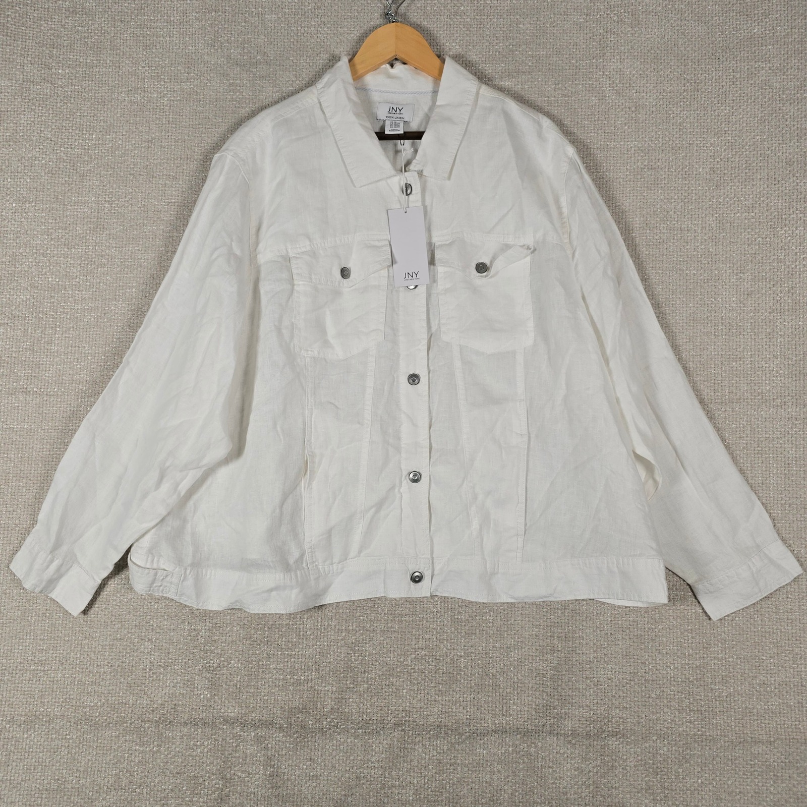 Jones New York Womens 3x White 100% Linen Button Front Trucker Jacket Nwt